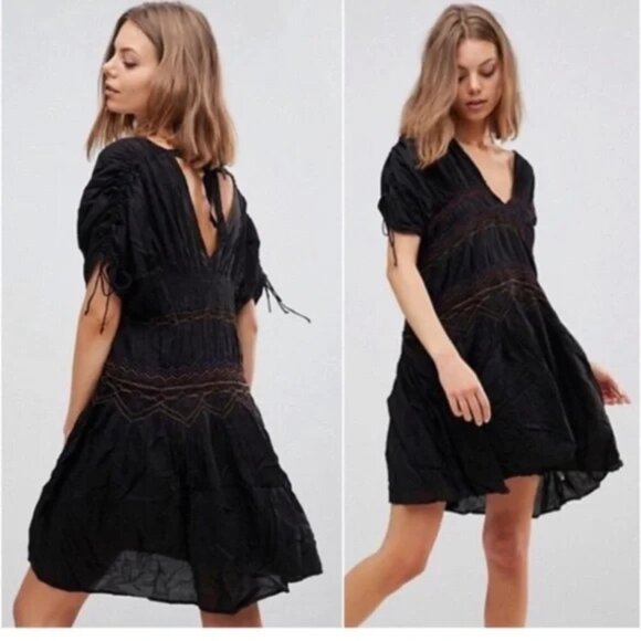 Free People Love on the Run Mini Dress Black Embroidered Smocked Size Small - Picture 1 of 9